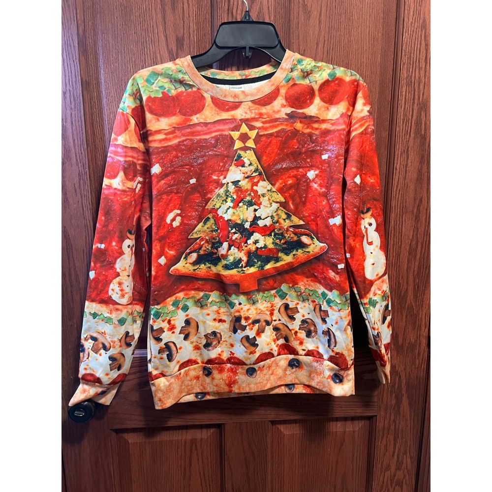 Aideaone Pizza Christmas Tree Ugly Holiday Sweatshirt Unisex Small Red Multi